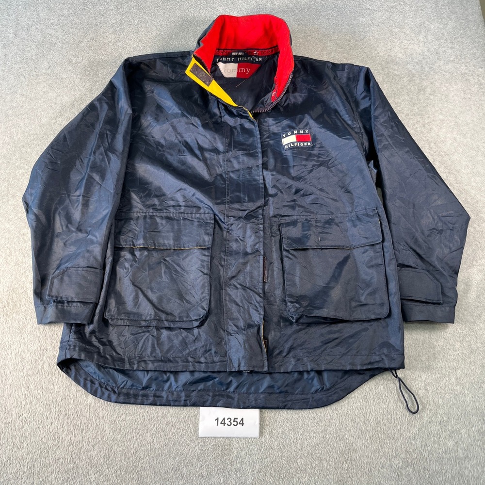Vintage Tommy Hilfiger Windbreaker Jacket Womens Medium Navy Blue Drawcord Hem